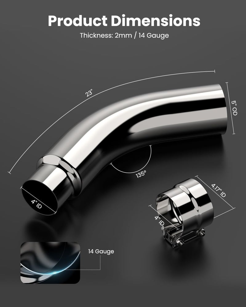 JY PERFORMANCE 4 Inch (ID) Diesel Exhaust Tip Elbow Tip 4'' Inlet 5'' Outlet 23'' Long Chrome Turndown Exhaust Tip with Clamp - Image 3